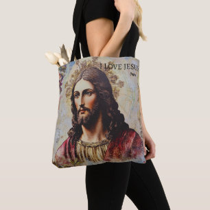 Vintage I Love Jesus Personalised name Tote Bag
