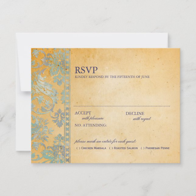 Vintage Ice Blue Damask Lace Wedding RSVP (Front)
