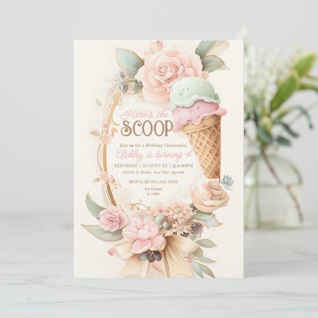 Vintage ice cream frame, Blush ice cream Invitation (Standing Front)