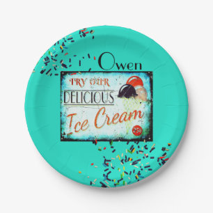 Vintage ice cream parlour sign sprinkles turquoise paper plate