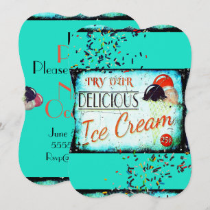 Vintage ice cream parlour sign turquoise invitation