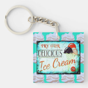 Vintage ice cream parlour sign turquoise white key ring