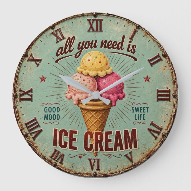 Vintage Ice Cream Retro Kitchen  Large Clock (Front)