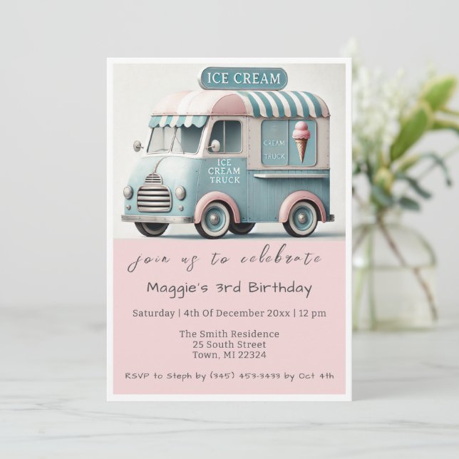Vintage Ice Cream Truck Birthday Invitation (Standing Front)