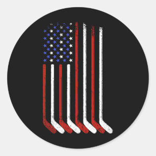 Vintage Ice Hockey American Flag For Men Boys Girl Classic Round Sticker