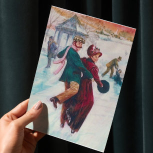 Vintage Ice Skating Christmas Victorian Elegant Holiday Card