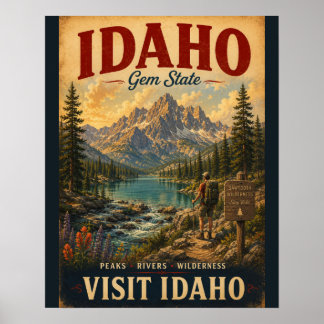 Vintage Idaho Gem State Travel Poster with Scenic