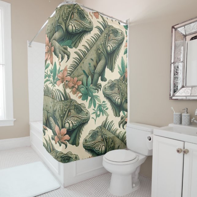 Vintage Iguana Pattern Shower Curtain (In Situ)
