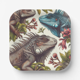 Vintage Iguana Seamless Painting Paper Plate