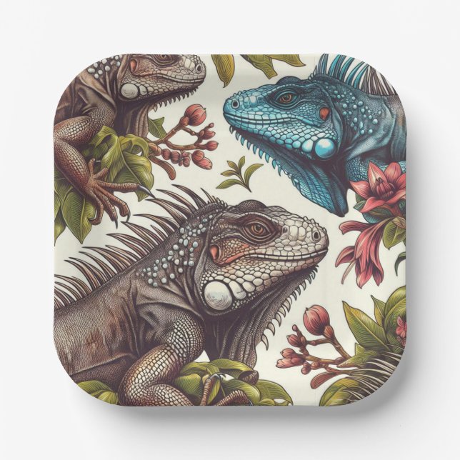 Vintage Iguana Seamless Painting Paper Plate (Front)