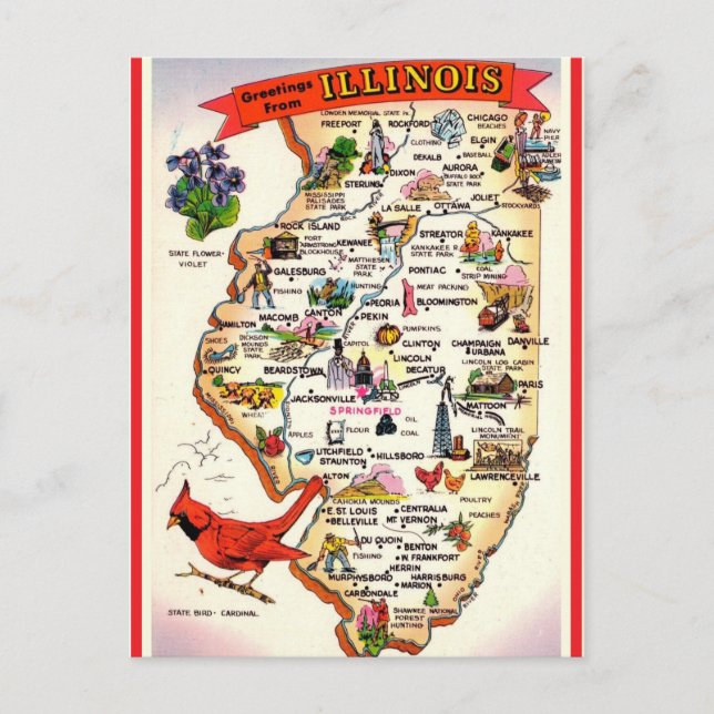 Vintage Illinois Map Postcard (Front)