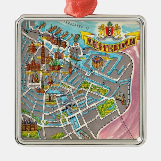Vintage Illustrated Amsterdam Map Ornament (Front)
