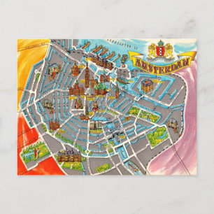 Vintage Illustrated Amsterdam Map Postcard