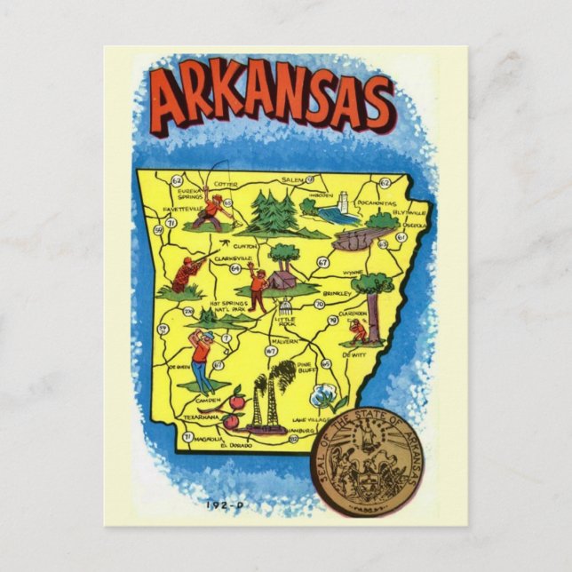 Vintage Illustrated Arkansas Map Postcard (Front)