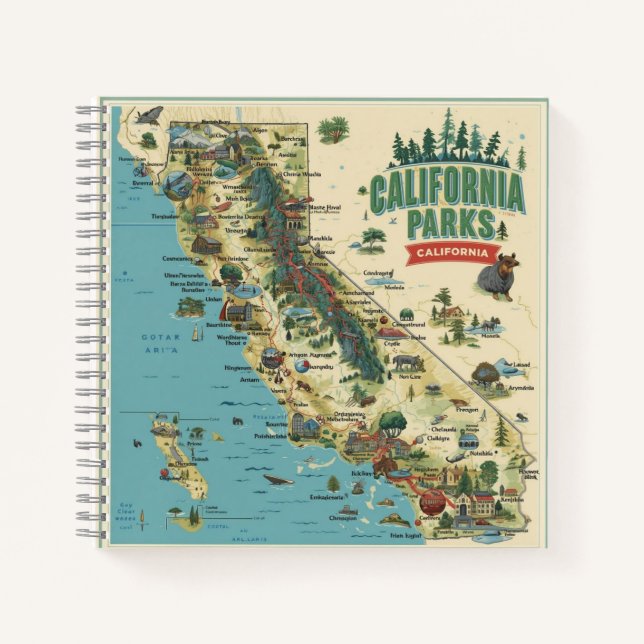 Vintage Illustrated California Parks Map Art Notebook (Front)