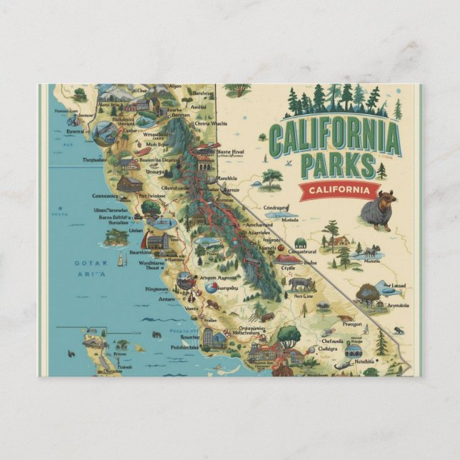 Vintage Illustrated California Parks Map Art Postcard (Front)