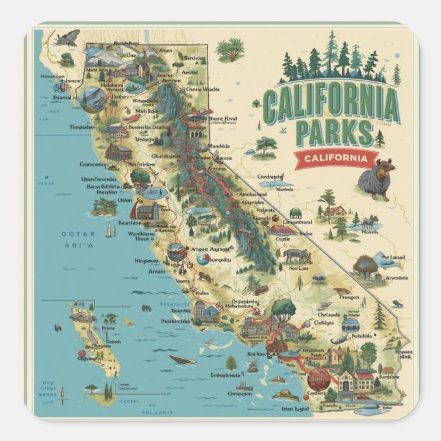Vintage Illustrated California Parks Map Art Square Sticker (Front)