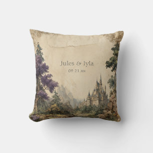 Vintage Illustrated Castle Woodland Valley Wedding Cushion
