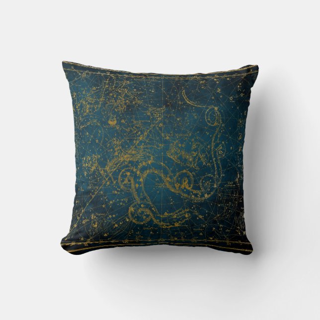 Vintage Illustrated Dark Blue & Gold Star Map Cushion (Front)