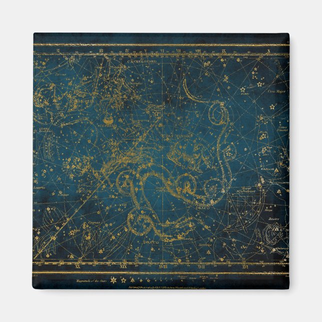Vintage Illustrated Dark Blue & Gold Star Map Magnet (Front)