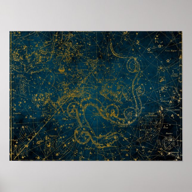 Vintage Illustrated Dark Blue & Gold Star Map Poster (Front)