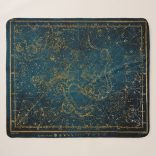Vintage Illustrated Dark Blue & Gold Star Map Sherpa Blanket
