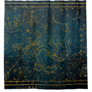Vintage Illustrated Dark Blue & Gold Star Map Shower Curtain