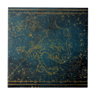 Vintage Illustrated Dark Blue & Gold Star Map  Tile