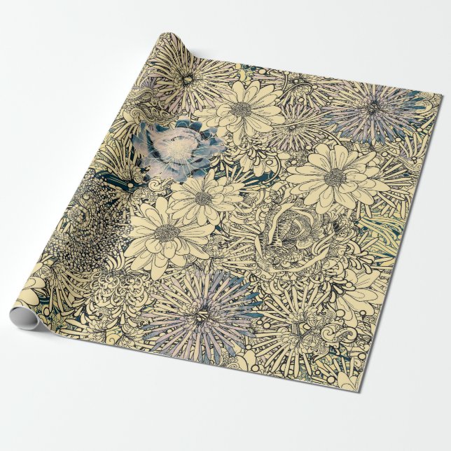 Vintage Illustrated Flowers Wrapping Paper (Unrolled)