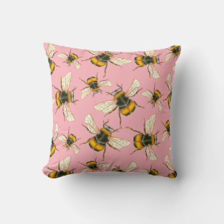 Vintage Illustrated Fluffy Bumblebees on peach Cushion