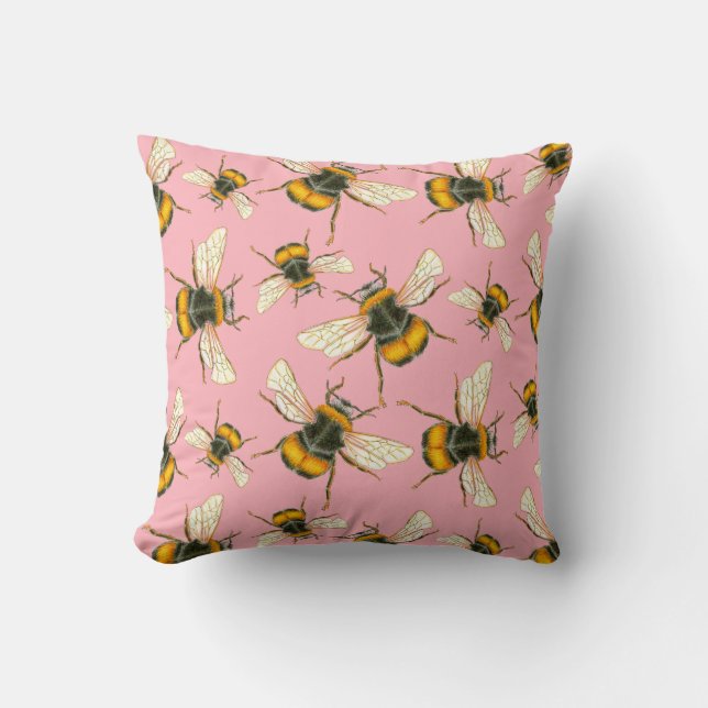 Vintage Illustrated Fluffy Bumblebees on peach  Cushion (Front)