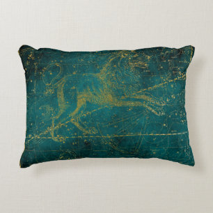Vintage Illustrated Green & Gold Lion Star Map Decorative Cushion
