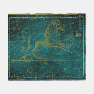Vintage Illustrated Green & Gold Lion Star Map Fleece Blanket
