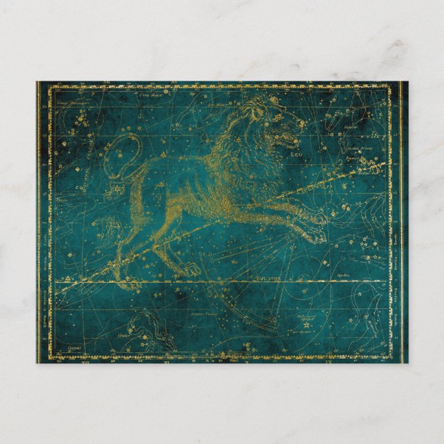 Vintage Illustrated Green & Gold Lion Star Map Postcard (Front)