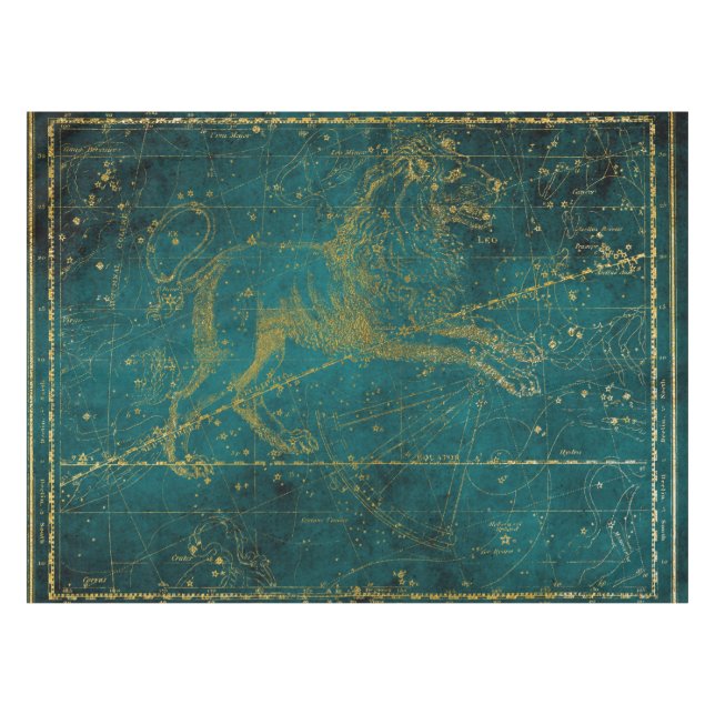 Vintage Illustrated Green & Gold Lion Star Map Tablecloth (Front (Horizontal))
