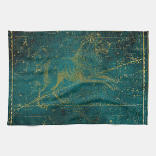 Vintage Illustrated Green & Gold Lion Star Map Tea Towel