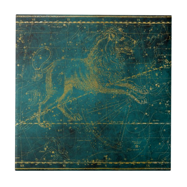 Vintage Illustrated Green & Gold Lion Star Map Tile (Front)