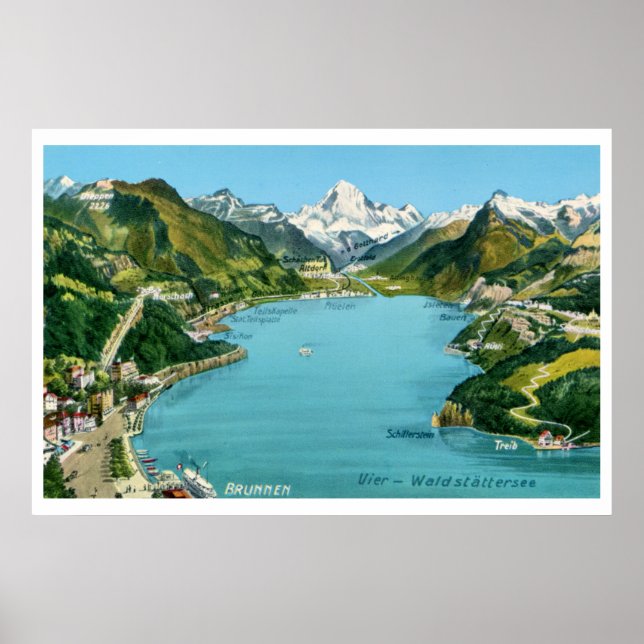 Vintage illustrated map Lake Lucerne Poster (Front)