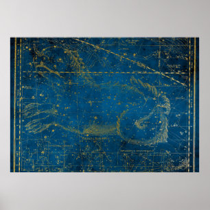 Vintage Illustrated Mid Blue & Gold Star Map Poster