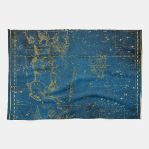 Vintage Illustrated Mid Blue & Gold Star Map Tea Towel