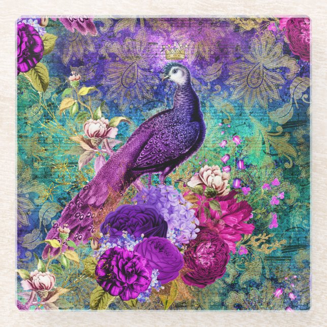 Vintage Illustrated Peacock Grunge Pattern Glass Coaster (Front)