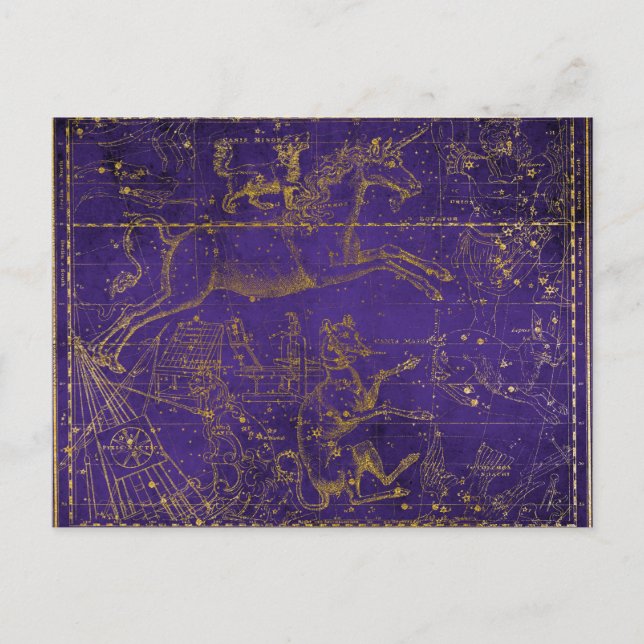 Vintage Illustrated Purple & Gold Star Map Postcard (Front)