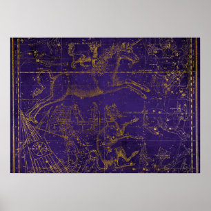Vintage Illustrated Purple & Gold Star Map Poster