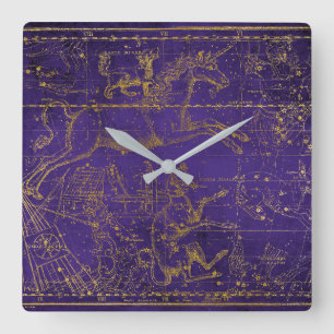 Vintage Illustrated Purple & Gold Star Map Square Wall Clock
