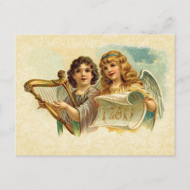 Vintage Illustration Angels Singing and Harp Postcard (Front)