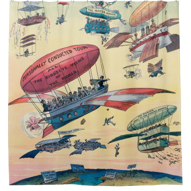 Vintage Illustration, Aviation, Retro Travel Shower Curtain (Front)