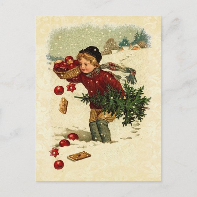Vintage Illustration Boy Christmas Tree Cookies Holiday Postcard (Front)