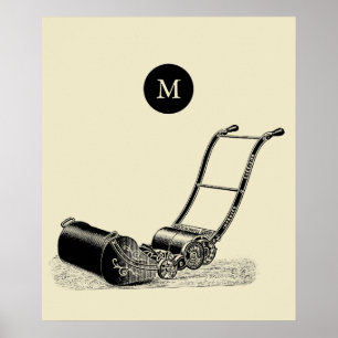 VINTAGE ILLUSTRATION British Lawn Mower Monogram P Poster