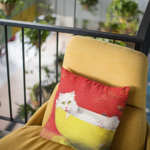 Vintage Illustration Cat In Yellow Bowl Cushion