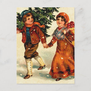 Vintage Illustration Children and Christmas Tree Holiday Postcard